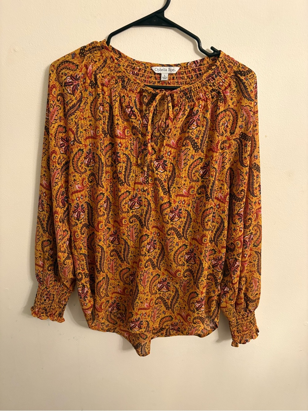 Mustard Paisley boho Peasant Blouse size large new